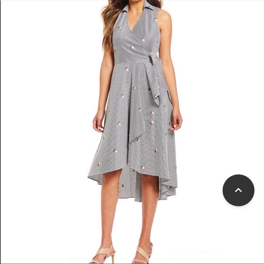 Sleeveless Gray Striped Floral Wrap Dress